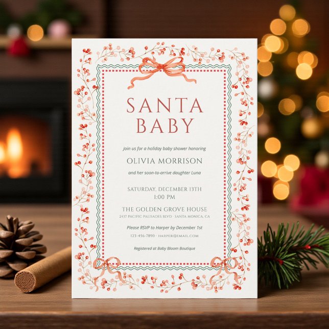 Santa Baby Preppy Bow Christmas Baby Shower Einladung (Von Creator hochgeladen)