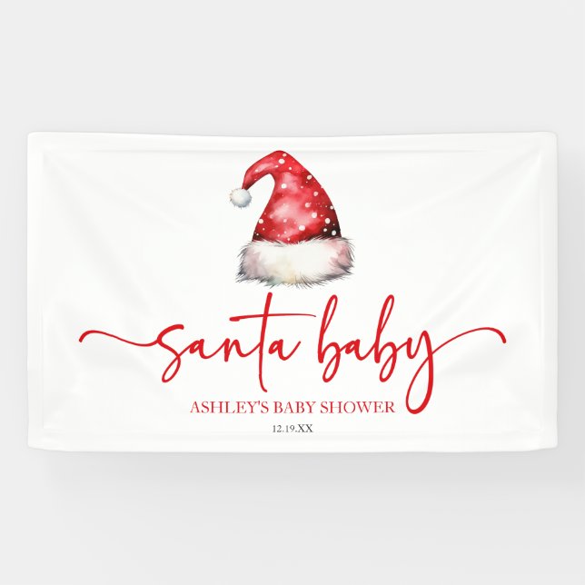Santa Baby Red Hat Christmas Holiday Baby Shower Banner (Horizontal)