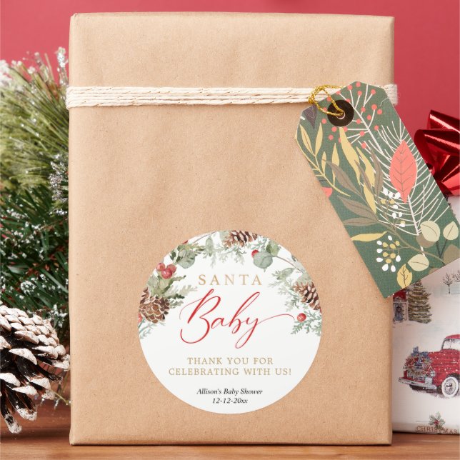 Santa Baby Rustic Winter Greenery Babydusche Runder Aufkleber (Feiertag)