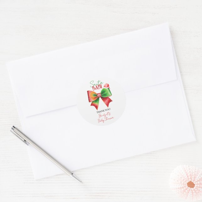 Santa Baby shower bow and Santa hat Christmas Runder Aufkleber (Umschlag)