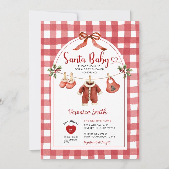 Santa Baby Shower Clothesline Ribbon Gingham Einladung (Vorderseite)