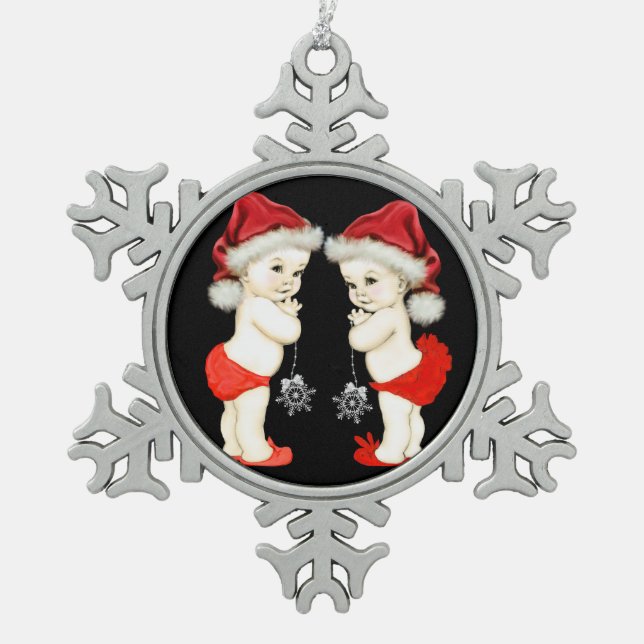 Santa Baby Twin Baby Schneeflocken Zinn-Ornament (Vorderseite)