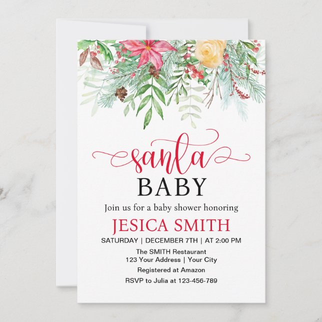 Santa Baby Winter Greenery Baby Shower Einladung (Vorderseite)