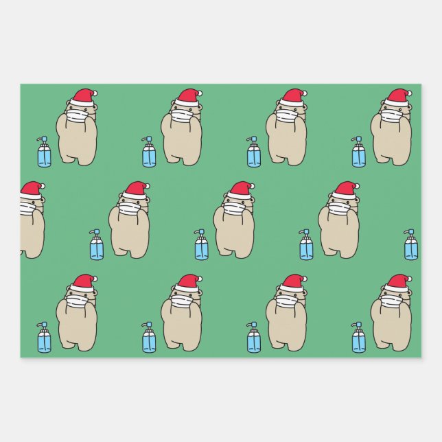 SANTA-Bär mit MASK- UND SANITIZER-Wrapping Paper Geschenkpapier Set (Vorderseite)