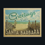 Santa Barbara Beach Vintage Reise Postkarte<br><div class="desc">Diese Grüße von Santa Barbara Vintage Postkarte Design verfügt über einen Sandstrand mit einem schönen türkisfarbenen Meer und über dem Meer,  einen blauen Himmel mit billigen weißen Wolken. Im Vintage Reisen Stil.</div>
