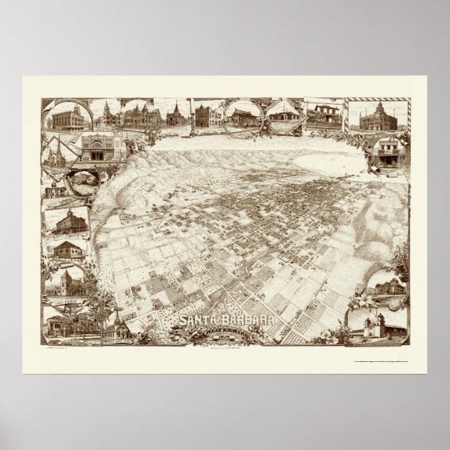Santa Barbara, CA Panorama Karte - 1898 Poster (Vorne)
