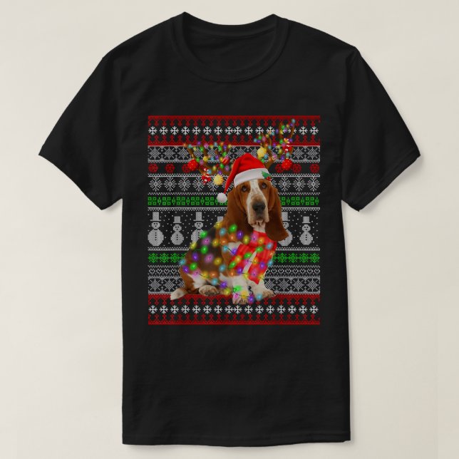 Santa Basset Hund Hund Weihnachtslicht Ugly Xmas T-Shirt (Design vorne)