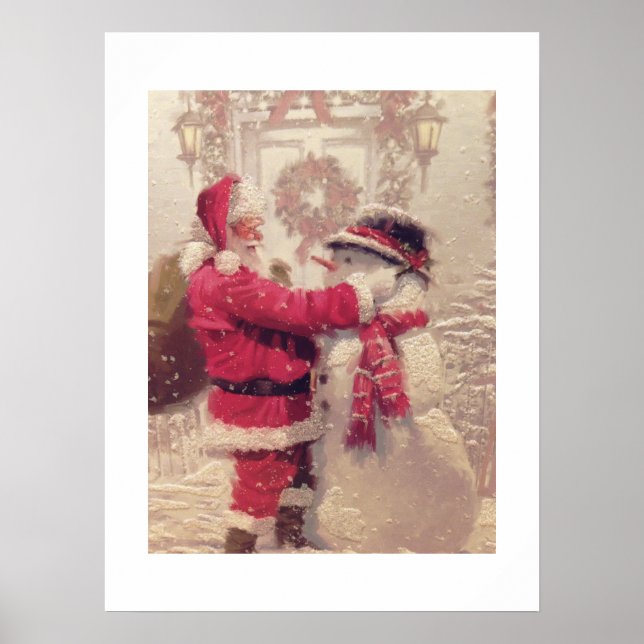 Santa baut einen Vintagen Snowman-Stil Poster (Vorne)
