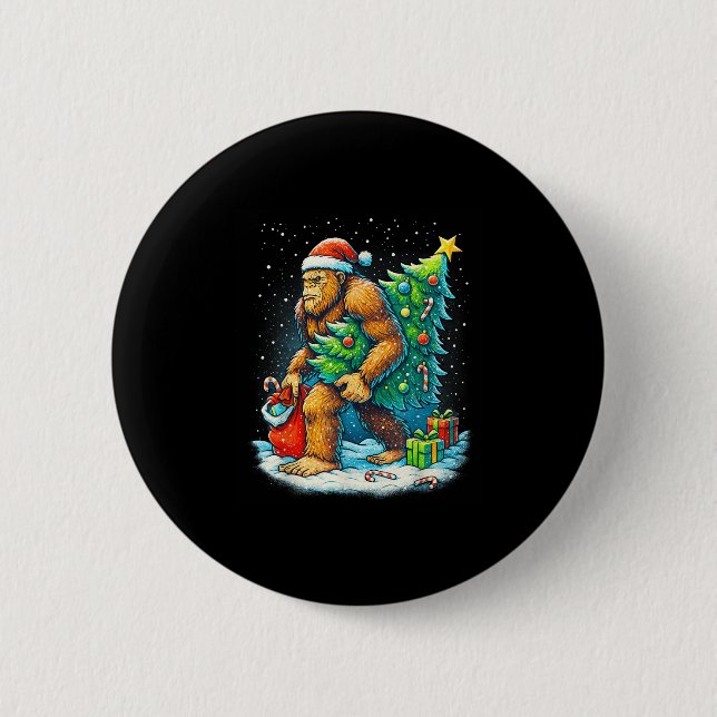 Santa Bigfoot Christmas Tree Sasquatch Xmas Lights Button (Vorderseite)