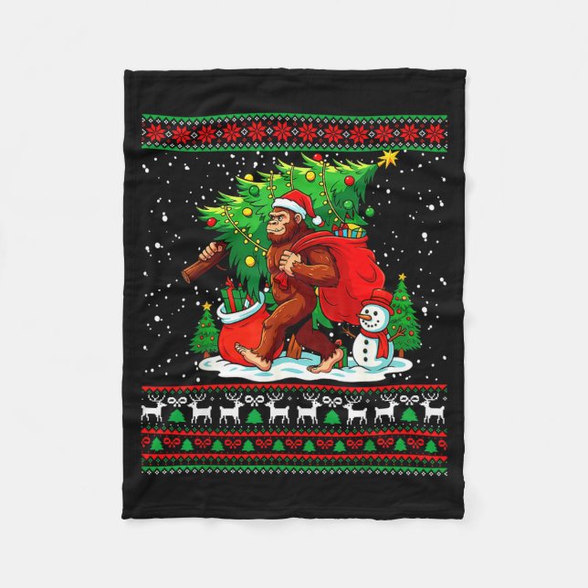 Santa Bigfoot Christmas Tree Xmas Lights Funny Sas Fleecedecke (Vorderseite)
