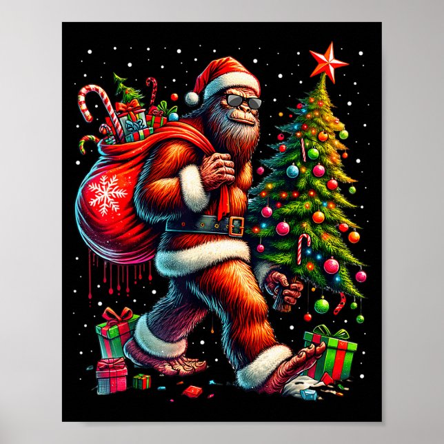 Santa Bigfoot Christmas Tree Xmas Lights Funny Sas Poster (Vorne)