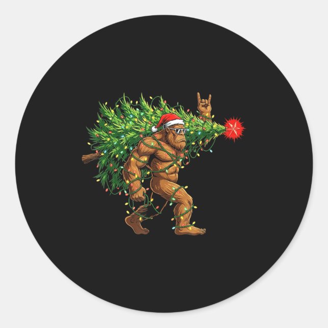 Santa Bigfoot Christmas Tree Xmas Lights Funny Sas Runder Aufkleber (Vorderseite)