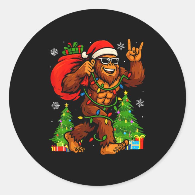 Santa Bigfoot Christmas Tree Xmas Lights Funny Sas Runder Aufkleber (Vorderseite)