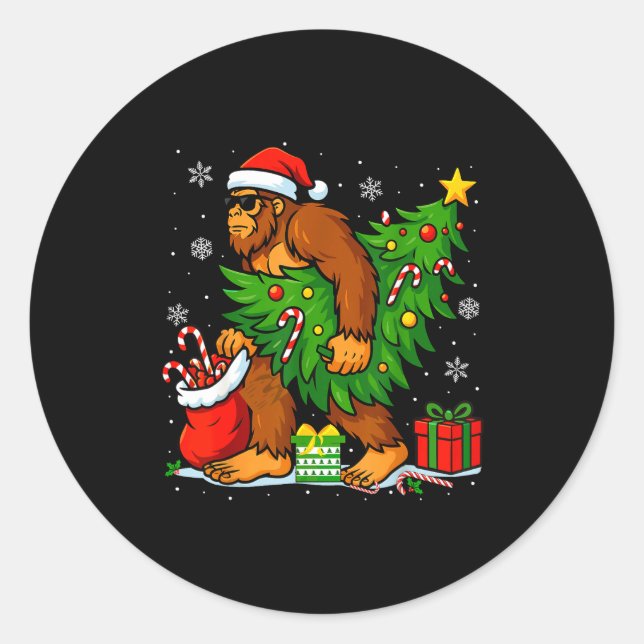 Santa Bigfoot Christmas Tree Xmas Lights Funny Sas Runder Aufkleber (Vorderseite)