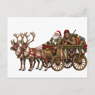 Santa Bigfoot Weihnachtsjagd-Abenteuer Vintage Feiertagspostkarte