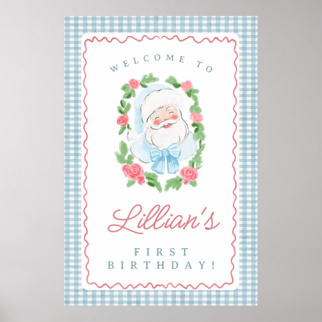 Santa Birthday Sign with Blue Gingham and Roses Poster (Vorne)