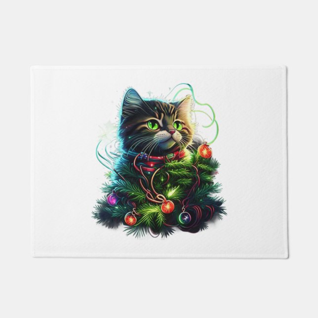 Santa Black Cat hallte in Weihnachtsbaumlicht auf Fußmatte (Vorderseite)