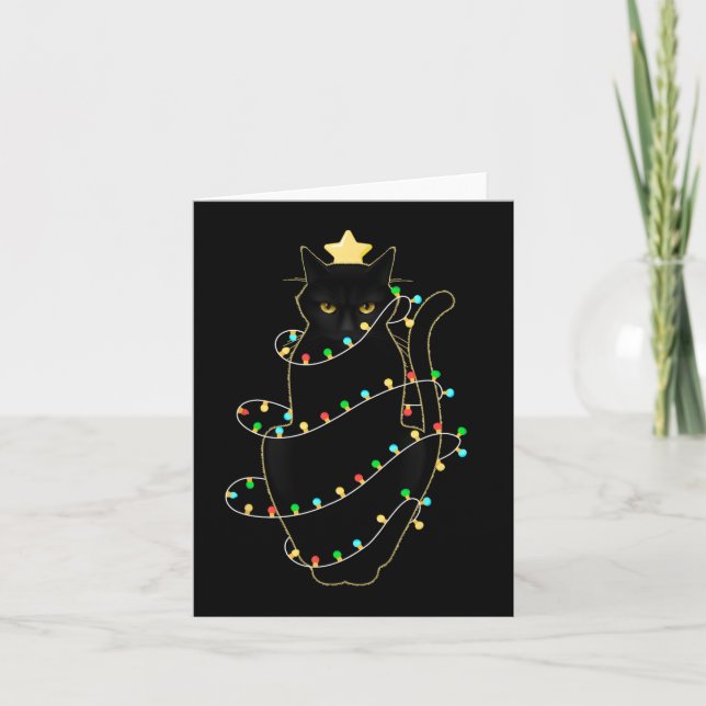 Santa Black Cat hallte in Weihnachtsbaumlicht auf Karte (Vorderseite)