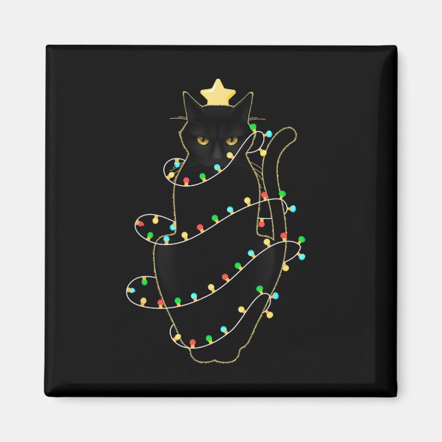 Santa Black Cat hallte in Weihnachtsbaumlicht auf Magnet (Vorne)
