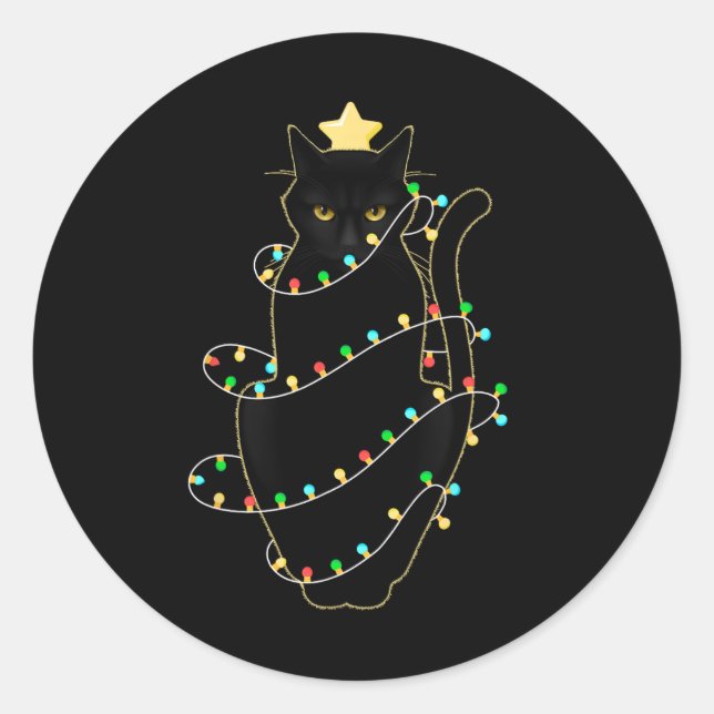 Santa Black Cat hallte in Weihnachtsbaumlicht auf Runder Aufkleber (Vorderseite)