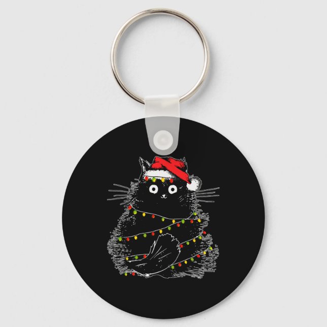 Santa Black Cat hallte in Weihnachtsbaumlicht auf Schlüsselanhänger (Vorderseite)