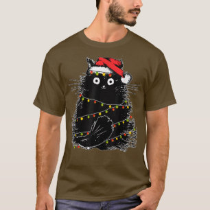 Santa Black Cat hallte in Weihnachtsbaumlicht auf T-Shirt