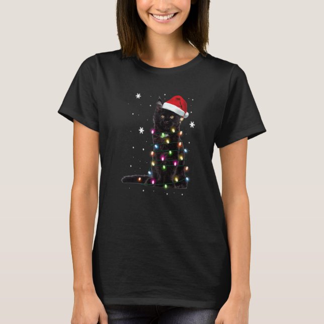 Santa Black Cat hallte in Weihnachtsbaumlicht auf T-Shirt (Vorderseite)