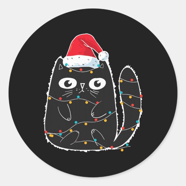 Santa Black Cat in der Weihnachtskatze in Lover Runder Aufkleber (Vorderseite)