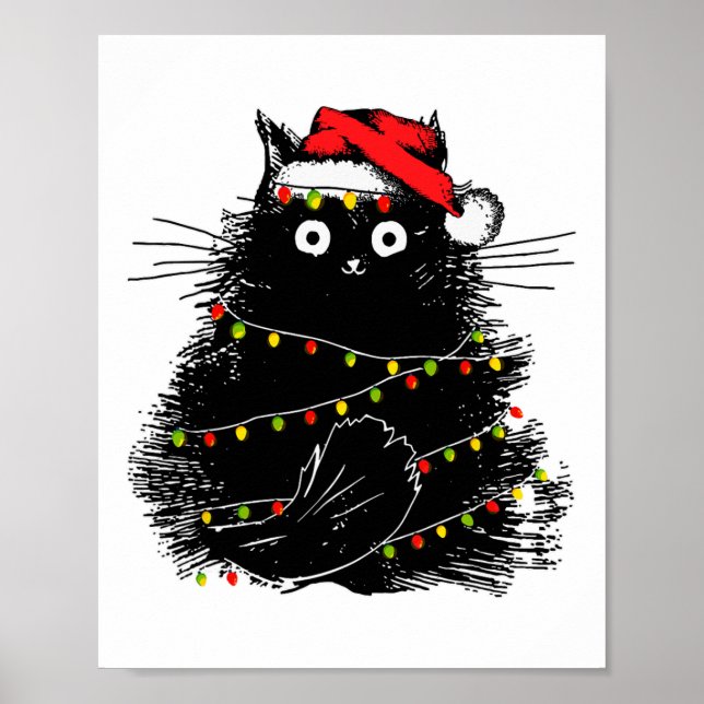 Santa Black Cat in Weihnachtsbaumlicht Poster (Vorne)