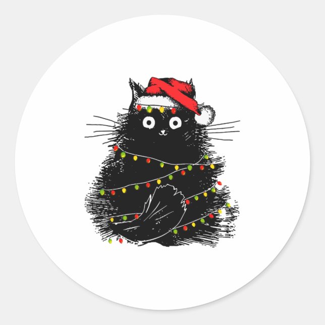 Santa Black Cat in Weihnachtsbaumlicht Runder Aufkleber (Vorderseite)