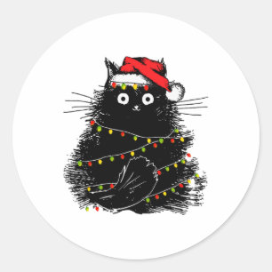 Santa Black Cat in Weihnachtsbaumlicht Runder Aufkleber