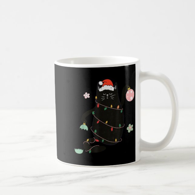Santa Black Cat Tangled Up In Christmas Tree Light Kaffeetasse (Rechts)