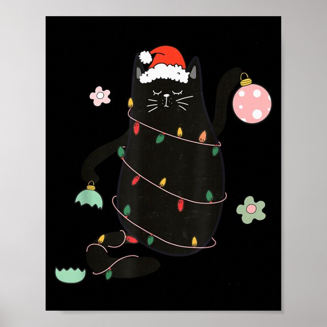 Santa Black Cat Tangled Up In Christmas Tree Light Poster (Vorne)