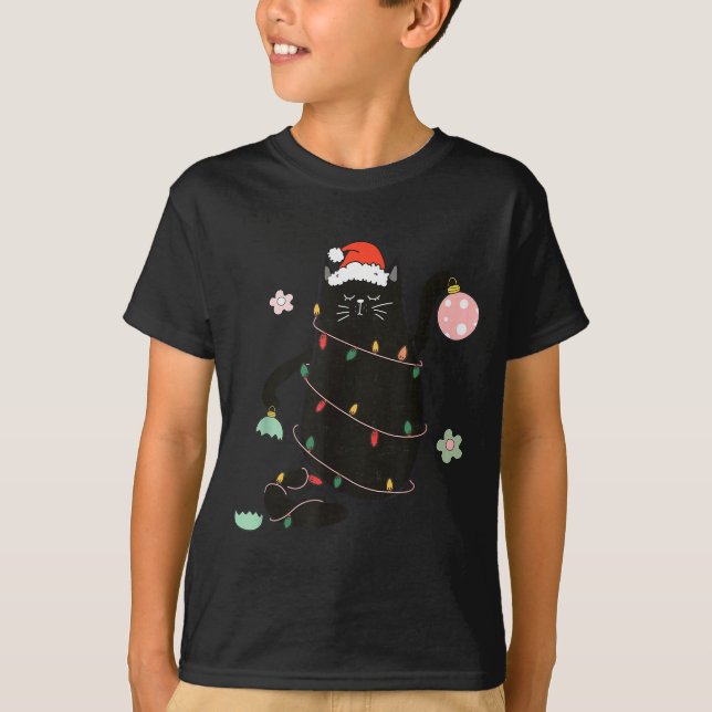 Santa Black Cat Tangled Up In Christmas Tree Light T-Shirt (Vorderseite)