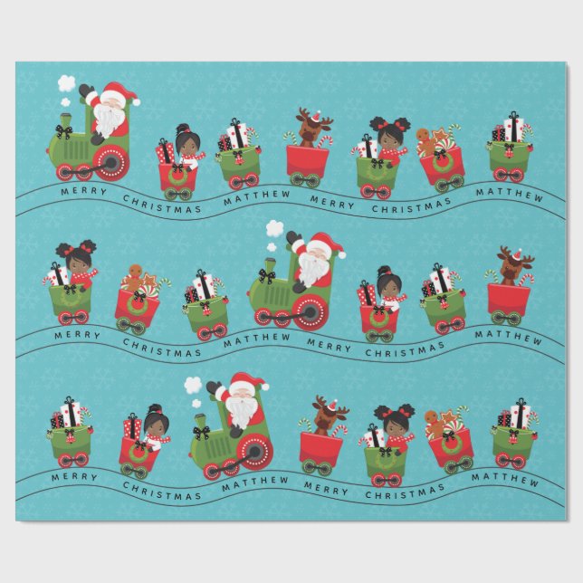 Santa & Black Girl auf Zug Geschenkpapier (Flach)