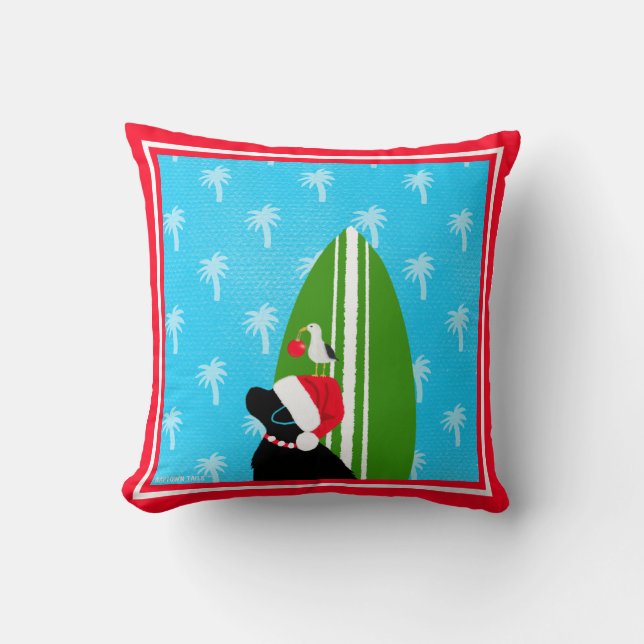 Santa Black Lab Surfboard Dog Seagull Christmas Kissen (Vorderseite)