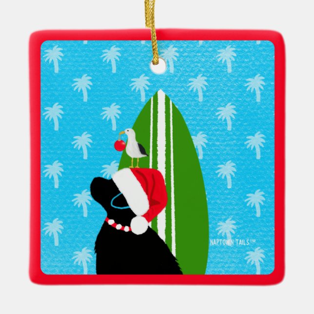 Santa Black Lab Surfboard Hund Weihnachtsschmuck (Vorderseite)