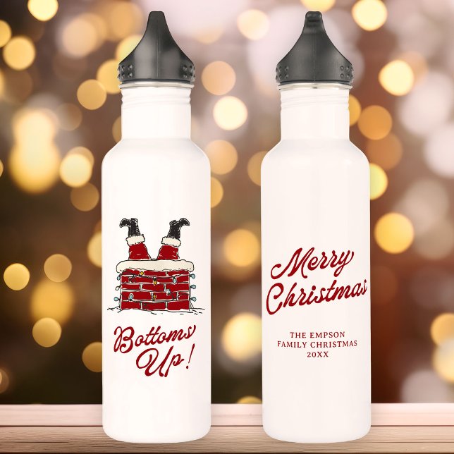 Santa Bottoms Up Funny Christmas Holiday Edelstahlflasche (White water bottle with Santa legs in a chimney, holiday light string, and “Bottoms Up!” in bold red)