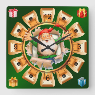 Santa Breaking Through ~ Frohe Weihnachten ~ Quadratische Wanduhr
