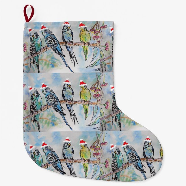 Santa Budgies Budgie Vogel Weihnachtsfest Strumpf Großer Weihnachtsstrumpf (Vorderseite)