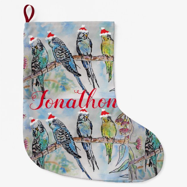 Santa Budgies Budgie Vogel Weihnachtsfest Strumpf Großer Weihnachtsstrumpf (Vorderseite)