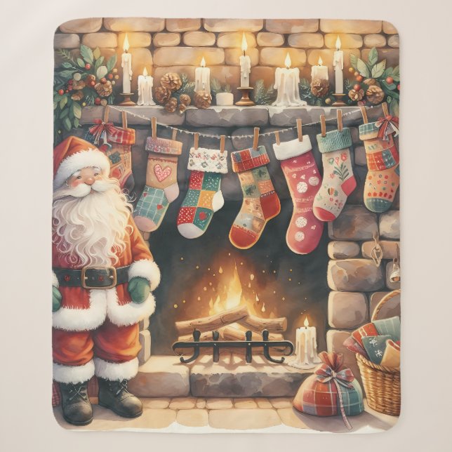 Santa by Fireplace Christmas Stockings Sherpadecke (Vorderseite)