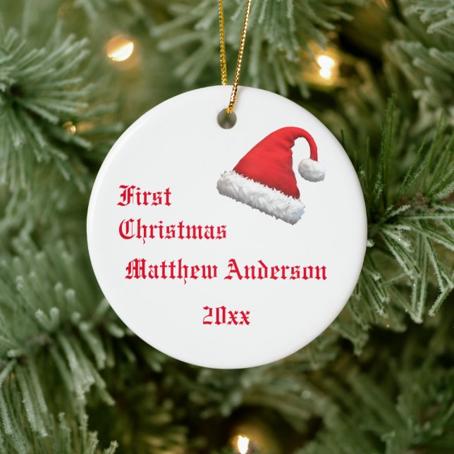 Santa Cap Erstes Weihnachts-Foto Keramik Ornament (Baum)