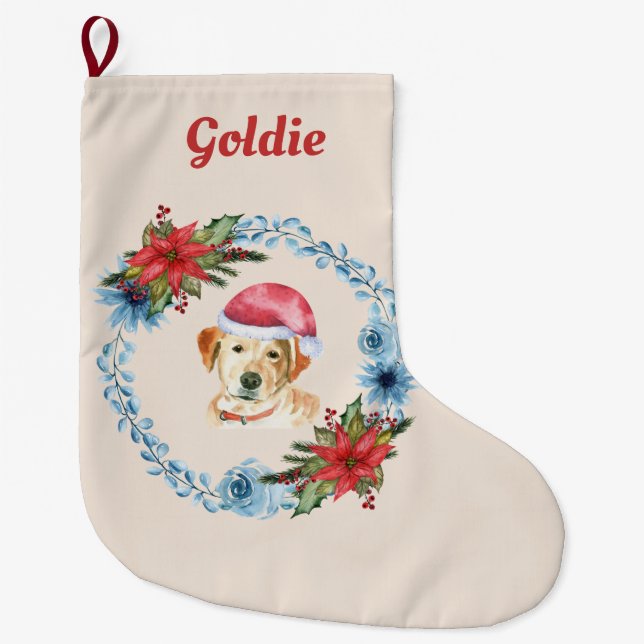 Santa Cap Gelbe Labrador Personalisiert Urlaub Großer Weihnachtsstrumpf (Vorderseite)