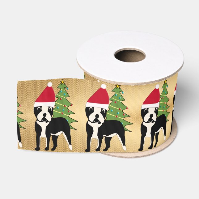 Santa Cartoon Boston Terrier Ripsband (Spule)