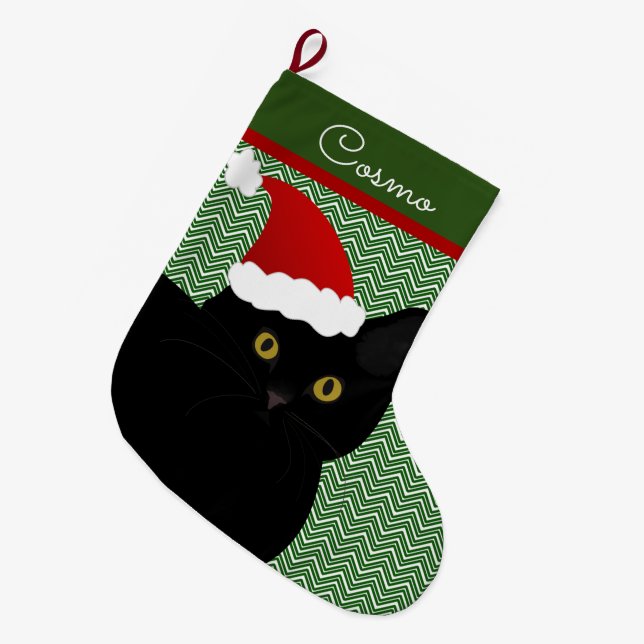 Santa Cat Black mit gelben Augen Personalisiert Großer Weihnachtsstrumpf (Vorderansicht (hängend))