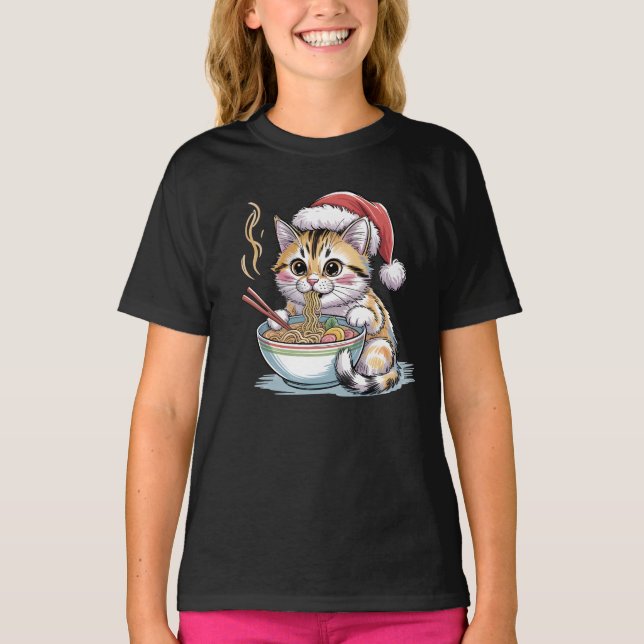 Santa Cat Eating Ramen Cute Christmas Kitty T-Shirt (Vorderseite)