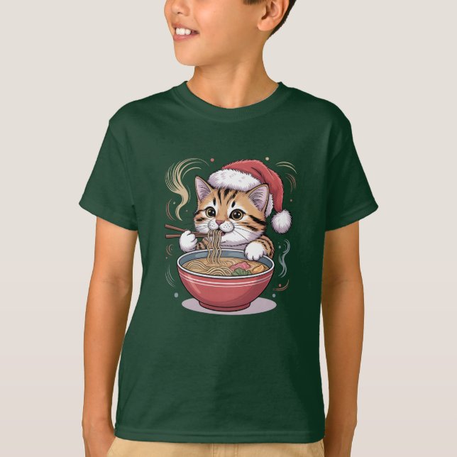 Santa Cat Eating Ramen Cute Christmas Kitty T-Shirt (Vorderseite)