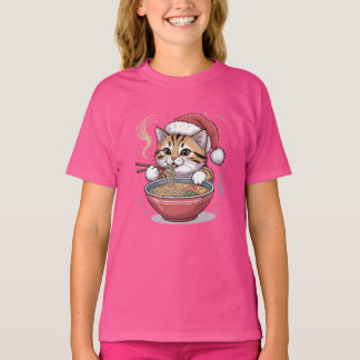 Santa Cat Eating Ramen Cute Christmas Kitty T-Shirt