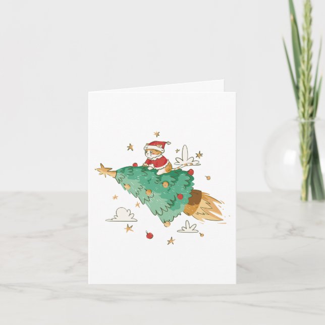 Santa Cat Flying on a Christmas Tree Karte (Vorderseite)